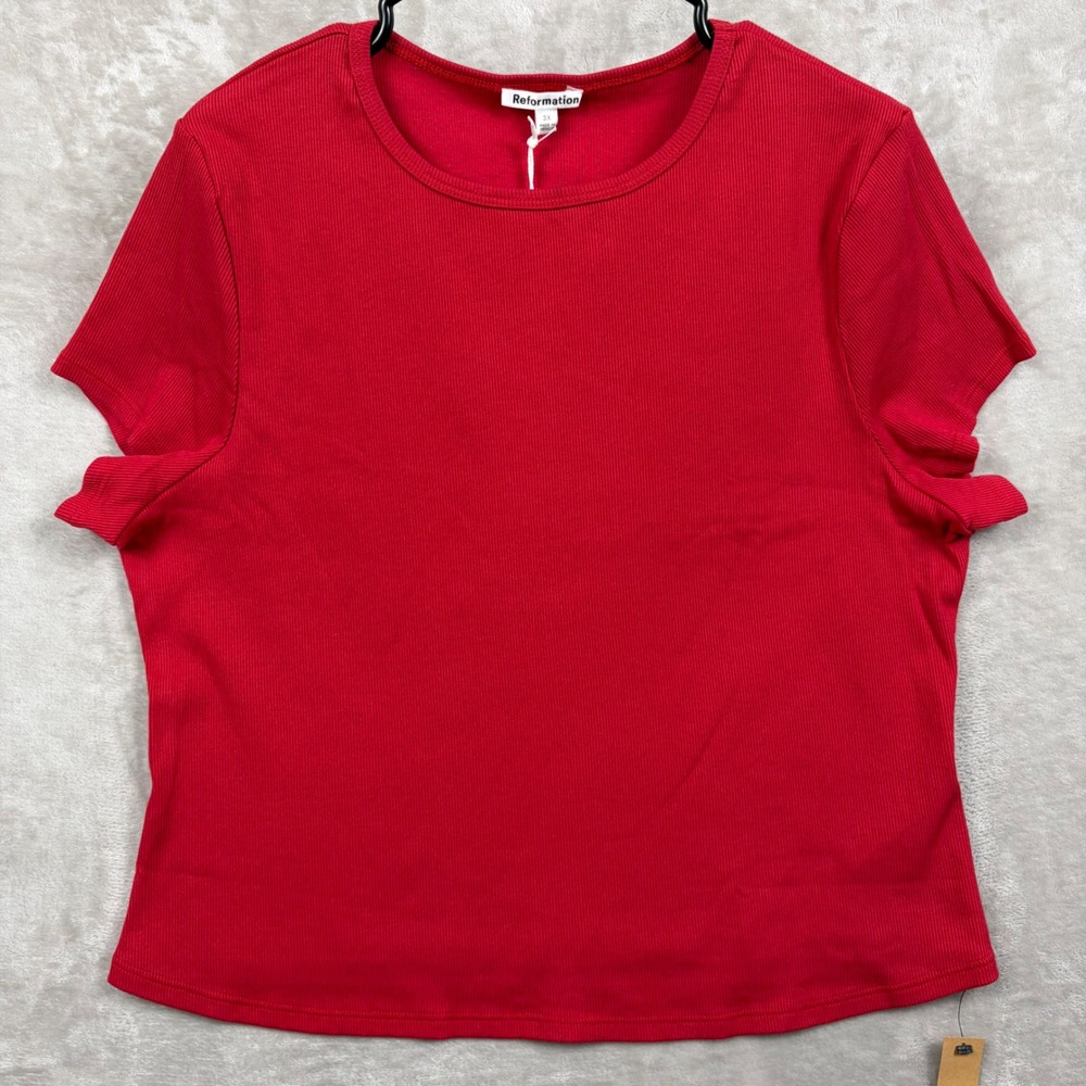 Reformation Women's Size 3X Muse Tee Red‎ Ribbed Short Sleeve Top Lipstick Color